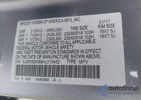2017 Honda Cr-V Ex-L/Ex-L Navi from USA, damaged, VIN 5J6RW2H89HL015452